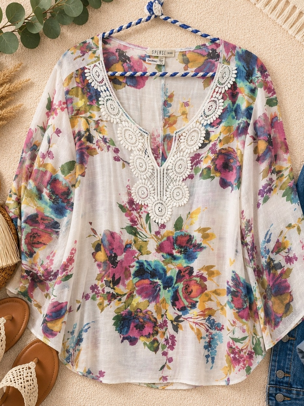 Spense Boho Floral Crochet Tunic Top 1X